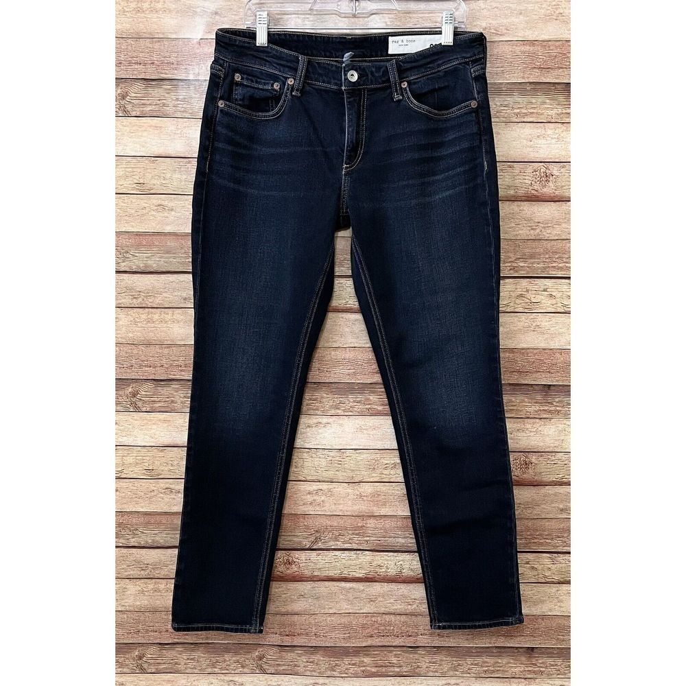 Rag & Bone Dre Low Rise Slim Boyfriend Jeans Stretch Dark Blue Bianca Wash Sz 28